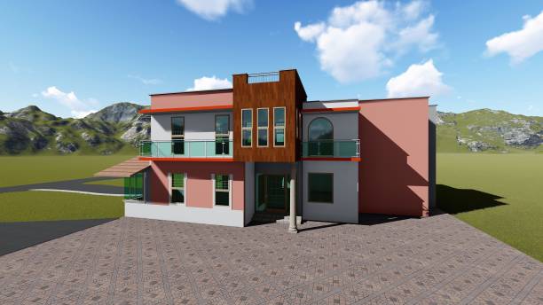 Modern two-story building with large windows and flat roof under blue sky.